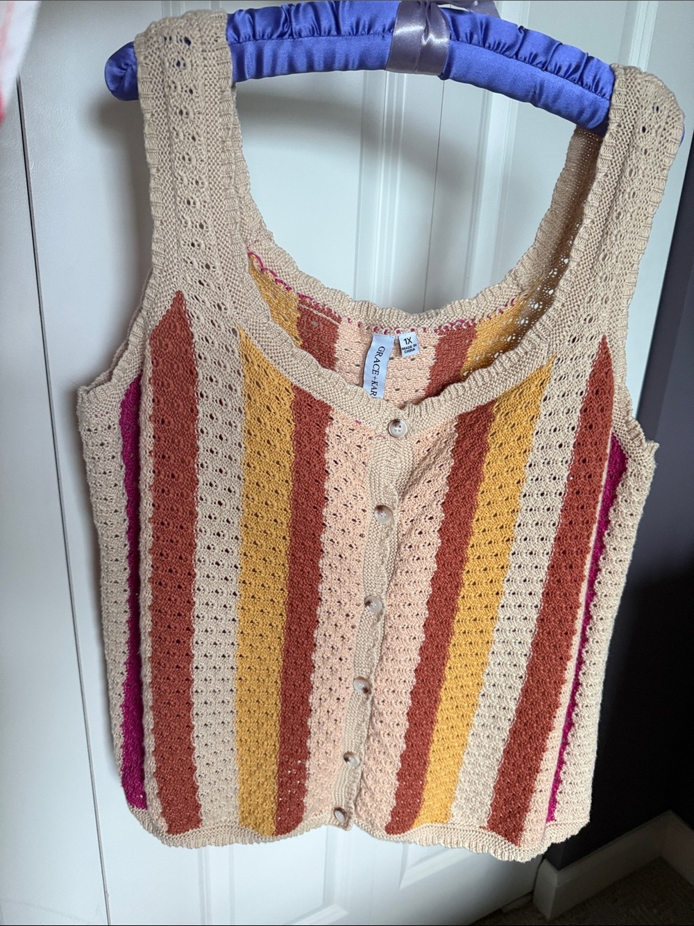 Crochet Stripe Button-Front Tank Top/Vest - Beige, Mustard & Rust